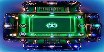 开元棋牌德州扑克游戏界面，绿色赌桌俯视视角，筹码整齐排列，蓝色灯光营造专业竞技氛围